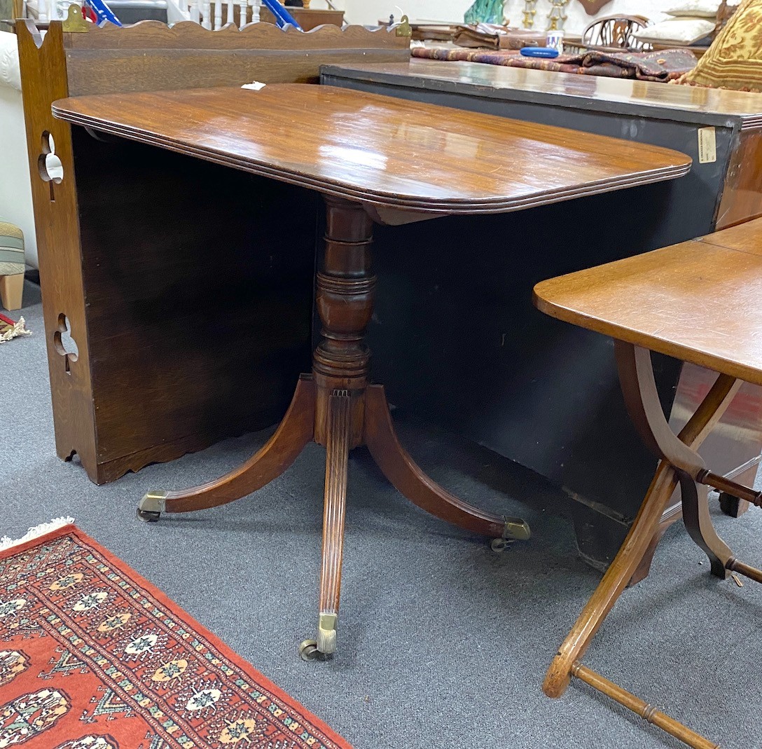 A George III rectangular mahogany tilt top centre table, width 91cm, depth 65cm, height 77cm